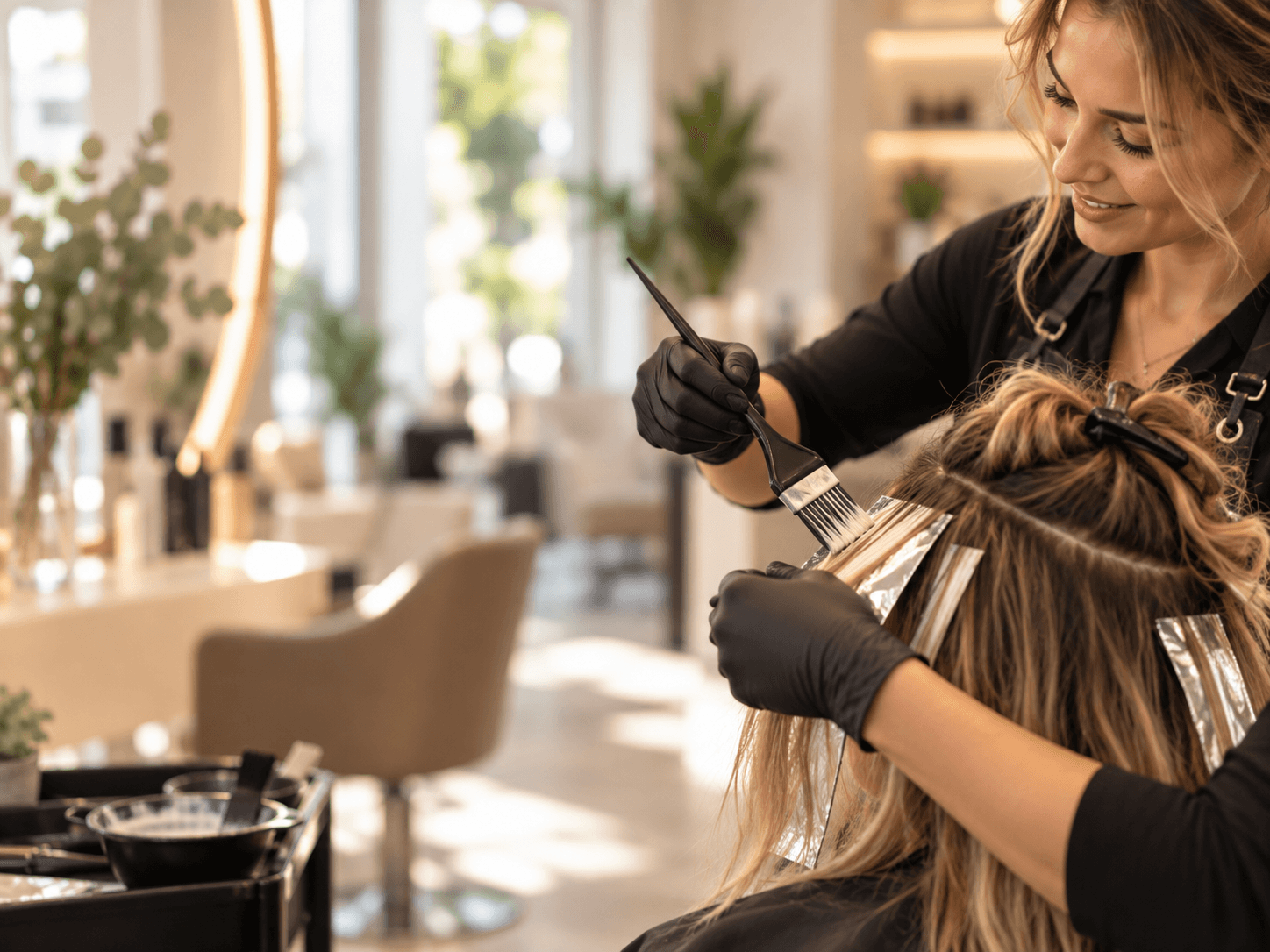 Professionelle Friseurin beim Färben der Haare mit Pinsel und Folien im Salon