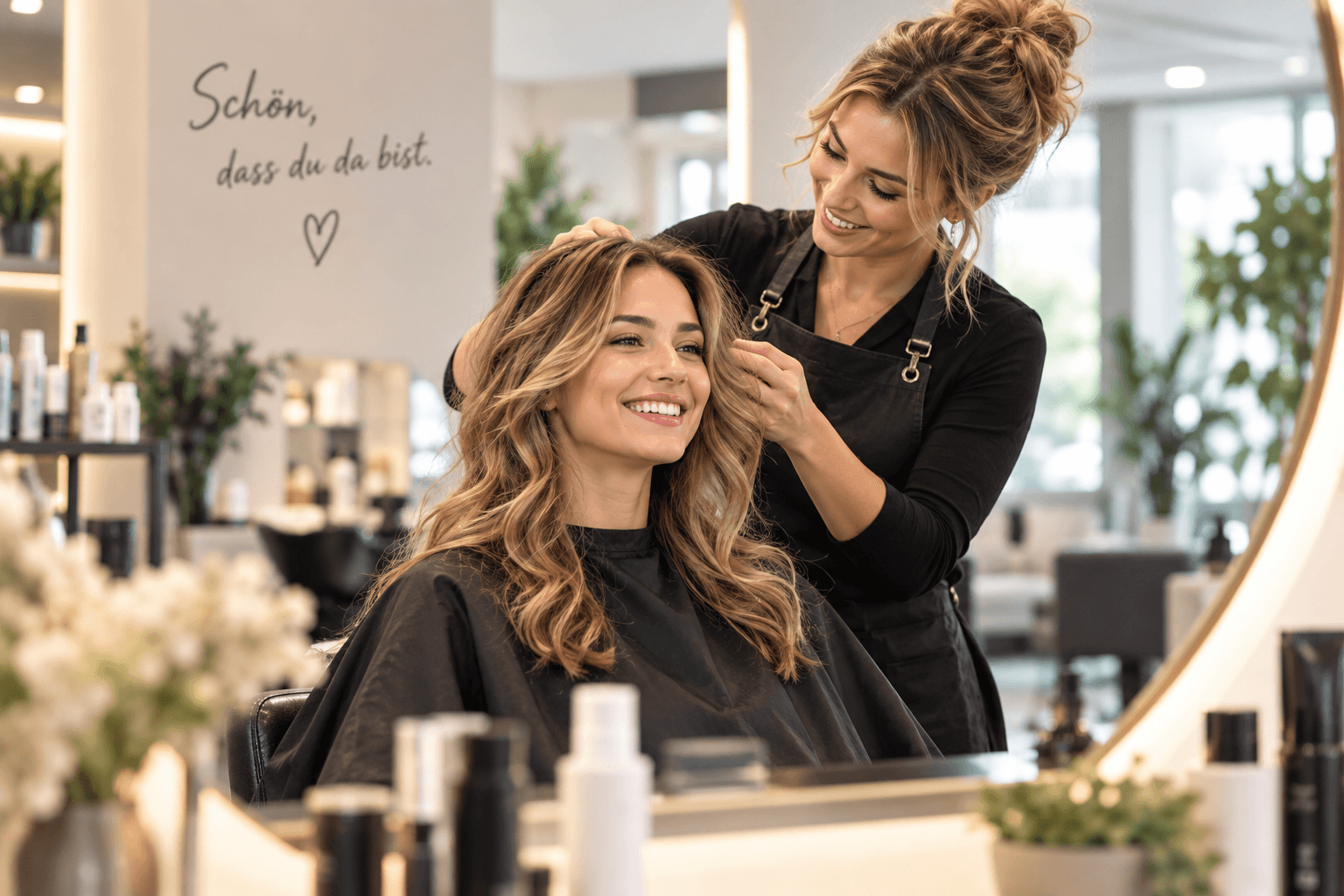 Glückliche Kundin genießt das Haarstyling im Salon